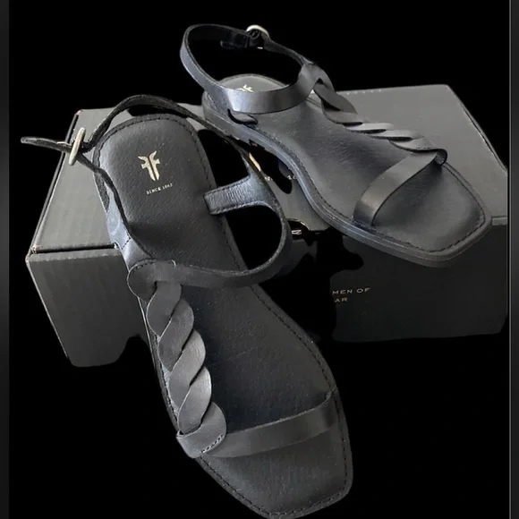 New! FRYE Sydney Braided Black Leather Ankle Strap Sandals Size 10 - Picture 3 of 4